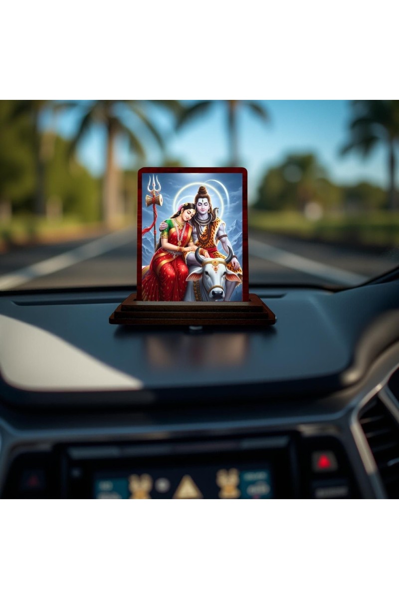 Car Desk/Table Top Lord Shiva And Parvathi Wooden Photo Stand 3x4 Inches, Compact & Stylish Spiritual Display For Car, Home & Office (Pack Of 1) (F14327)
