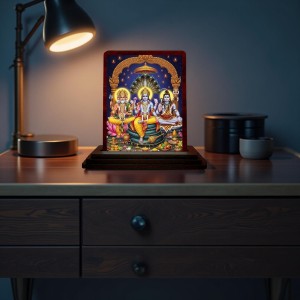 Car Desk/Table Top Lord Bramha Vishnu Shiva Wooden Photo Stand 3x4 Inches, Compact & Stylish Spiritual Display For Car, Home & Office (Pack Of 1) (F14240)