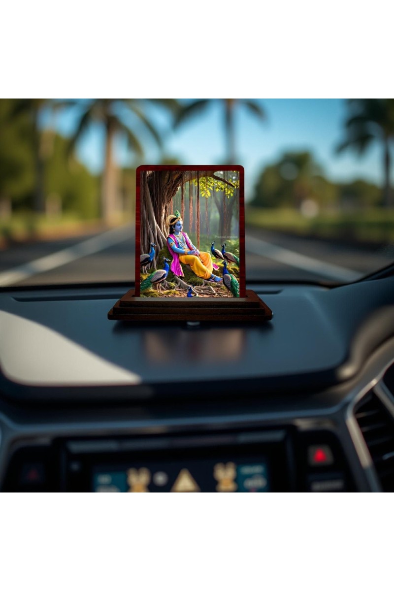 Car Desk/Table Top Lord Krishna Wooden Photo Stand 3x4 Inches, Compact & Stylish Spiritual Display For Car, Home & Office (Pack Of 1) (F14402)