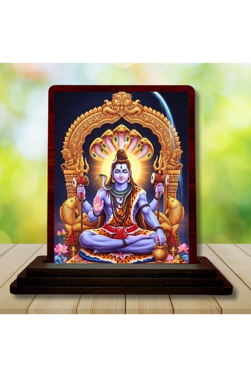 Car Desk/Table Top Lord Shiva Wooden Photo Stand 3x4 Inches, Compact & Stylish Spiritual Display For Car, Home & Office (Pack Of 1) (F14310)