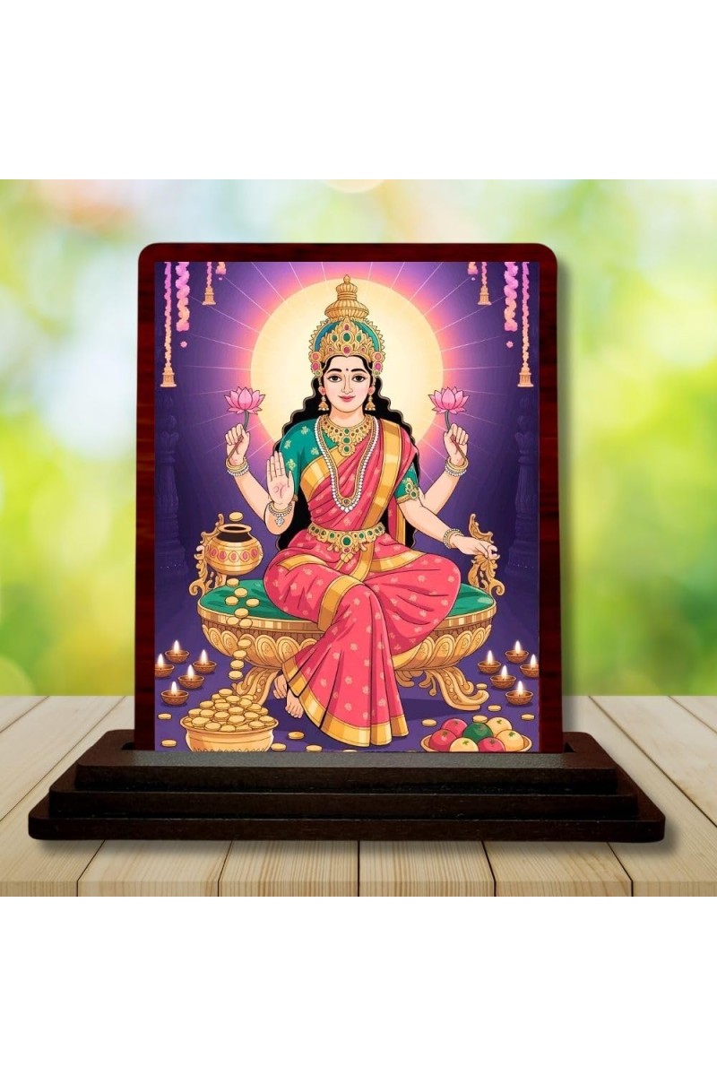 Car Desk/Table Top Goddess Lakshmi Wooden Photo Stand 3x4 Inches, Compact & Stylish Spiritual Display For Car, Home & Office (Pack Of 1) (F14542)