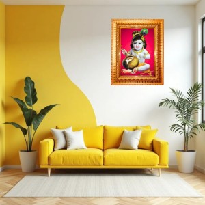 Laddu Gopal Golden Designer Photo Frame | 10x14 Inch Religious Wall Hanging Frame For Home & Office Decoration | Hindu Deity Laddu Gopal Spiritual Gift Item