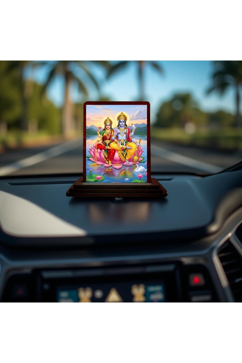 Car Desk/Table Top Lord Vishnu Lakshmi Wooden Photo Stand 3x4 Inches, Compact & Stylish Spiritual Display For Car, Home & Office (Pack Of 1) (F14190)