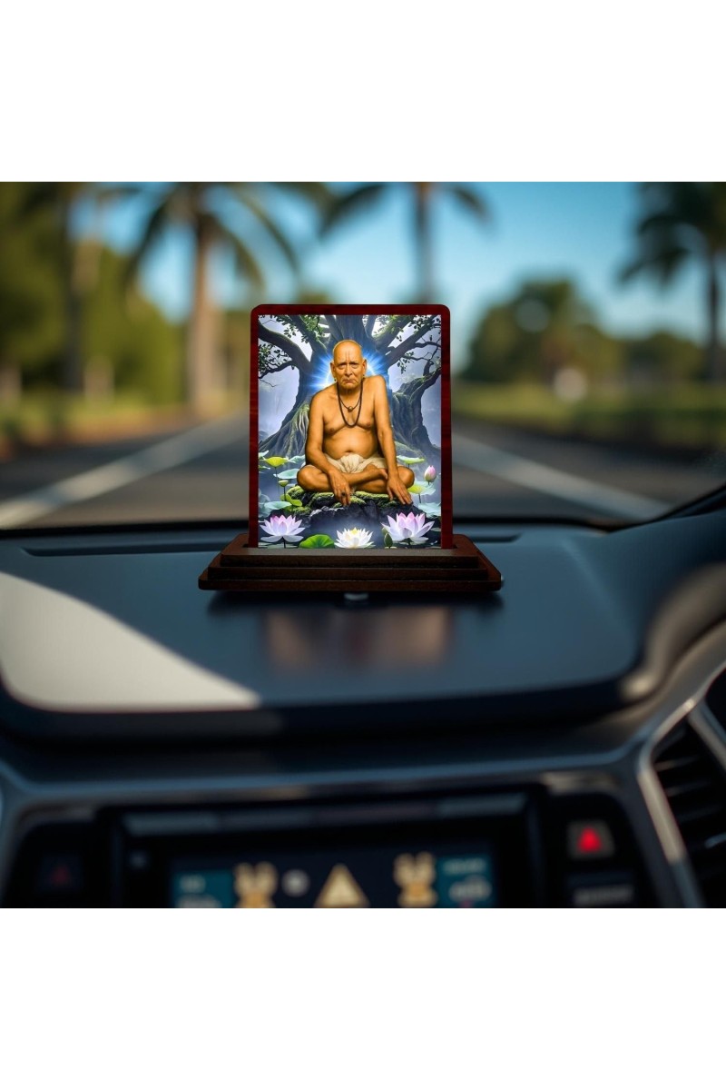 Car Desk/Table Top Swami Samarth Wooden Photo Stand 3x4 Inches, Compact & Stylish Spiritual Display For Car, Home & Office (Pack Of 1) (F14375)