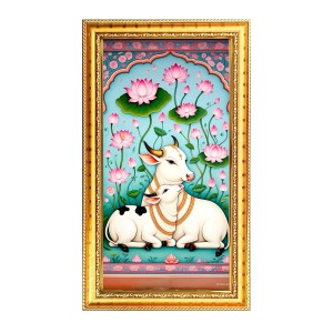 Pichwai Cow And Calf In A Lotus Pond Digital Golden Color Photo Frame | Hindu Religious Wall Decor | 8x15 Inches - Inspirational Wall Art For Office, Home Decor - Ideal Spiritual Gift (F10311)
