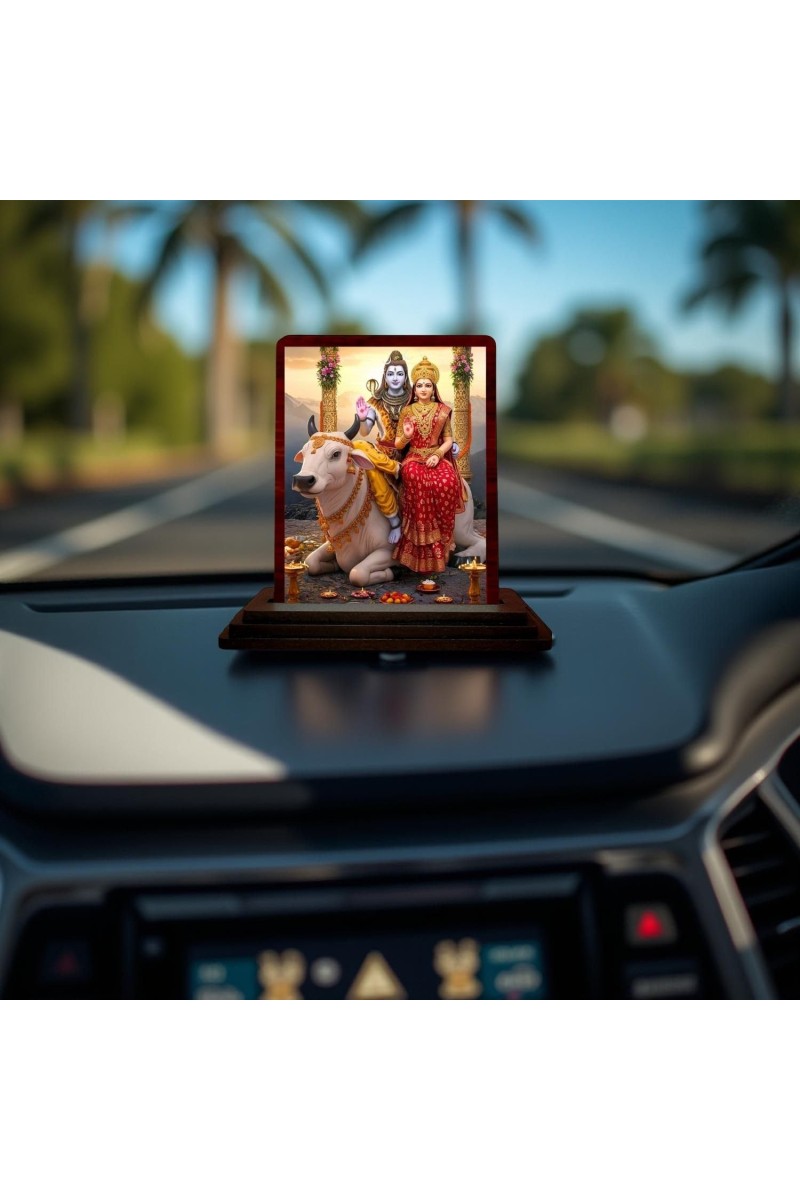 Car Desk/Table Top Lord Shiva And Parvathi Wooden Photo Stand 3x4 Inches, Compact & Stylish Spiritual Display For Car, Home & Office (Pack Of 1) (F14326)