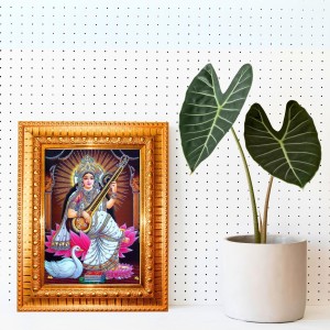 Goddess Saraswati Golden Designer Photo Frame | 14x18 Inch Religious Wall Hanging Frame For Home & Office Decoration | Hindu Deity Spiritual Gift Item