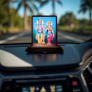 Car Desk/Table Top Lord Vishnu Lakshmi Wooden Photo Stand 3x4 Inches, Compact & Stylish Spiritual Display For Car, Home & Office (Pack Of 1) (F14559)