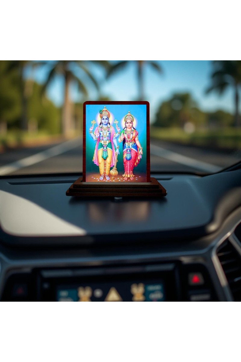 Car Desk/Table Top Lord Vishnu Lakshmi Wooden Photo Stand 3x4 Inches, Compact & Stylish Spiritual Display For Car, Home & Office (Pack Of 1) (F14559)