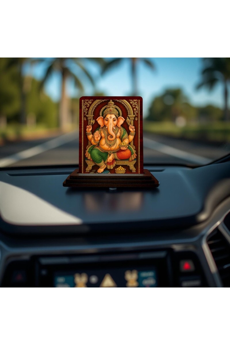Car Desk/Table Top Lord Ganapathi Wooden Photo Stand 3x4 Inches, Compact & Stylish Spiritual Display For Car, Home & Office (Pack Of 1) (F14241)