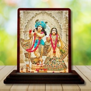 Car Desk/Table Top Lord Radha Krishna Wooden Photo Stand 3x4 Inches, Compact & Stylish Spiritual Display For Car, Home & Office (Pack Of 1) (F15119)