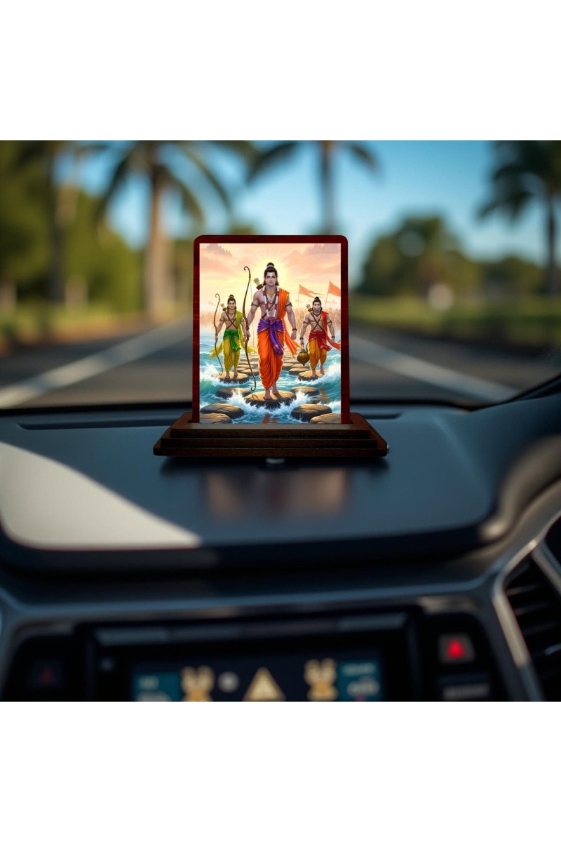 Car Desk/Table Top Lord Rama And Hanuman And Lakshman Wooden Photo Stand 3x4 Inches, Compact & Stylish Spiritual Display For Car, Home & Office (Pack Of 1) (F14306)