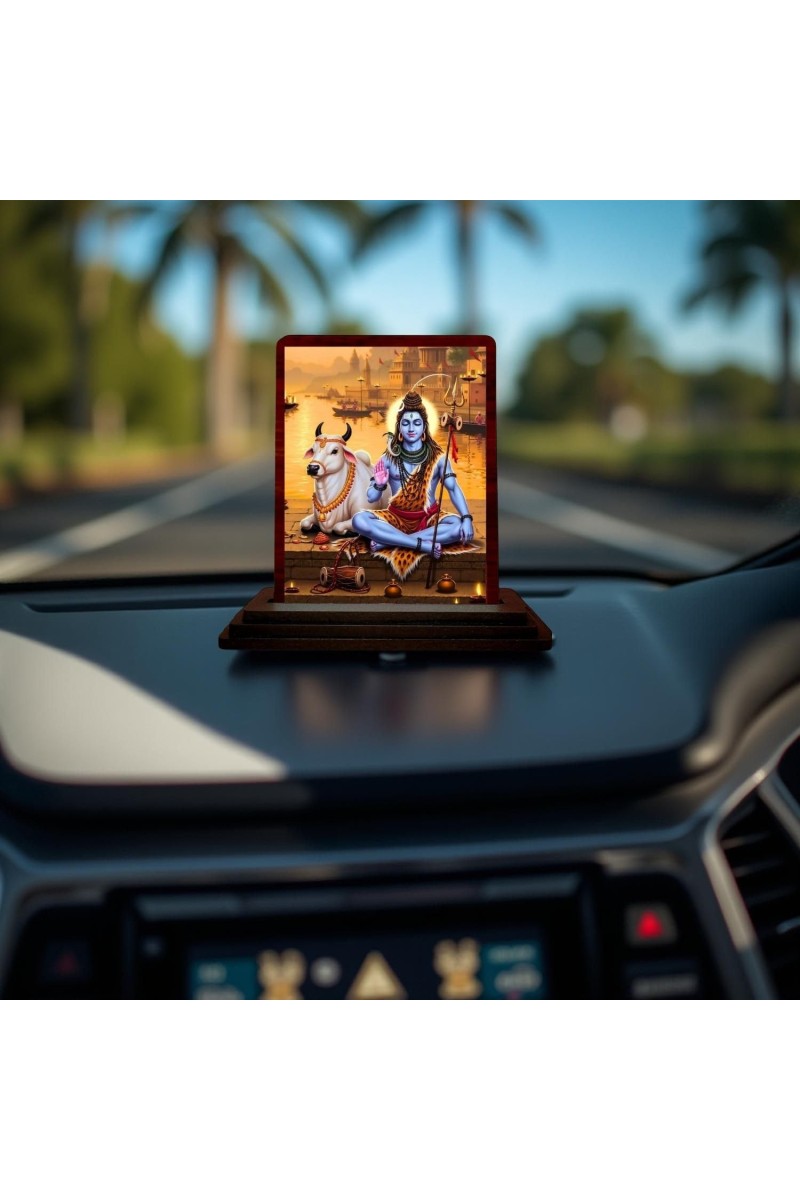 Car Desk/Table Top Lord Shiva Wooden Photo Stand 3x4 Inches, Compact & Stylish Spiritual Display For Car, Home & Office (Pack Of 1) (F14531)