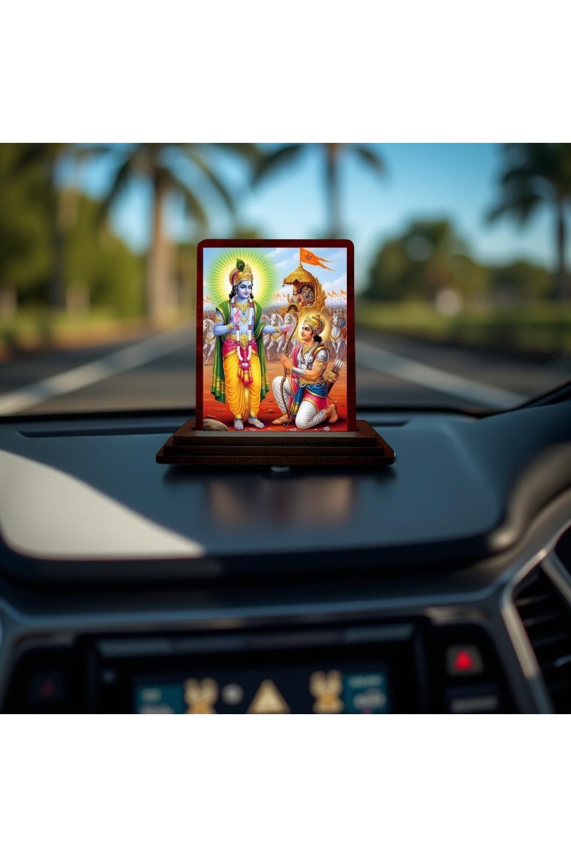 Car Desk/Table Top Lord Krishna Arjuna Wooden Photo Stand 3x4 Inches, Compact & Stylish Spiritual Display For Car, Home & Office (Pack Of 1) (F14249)