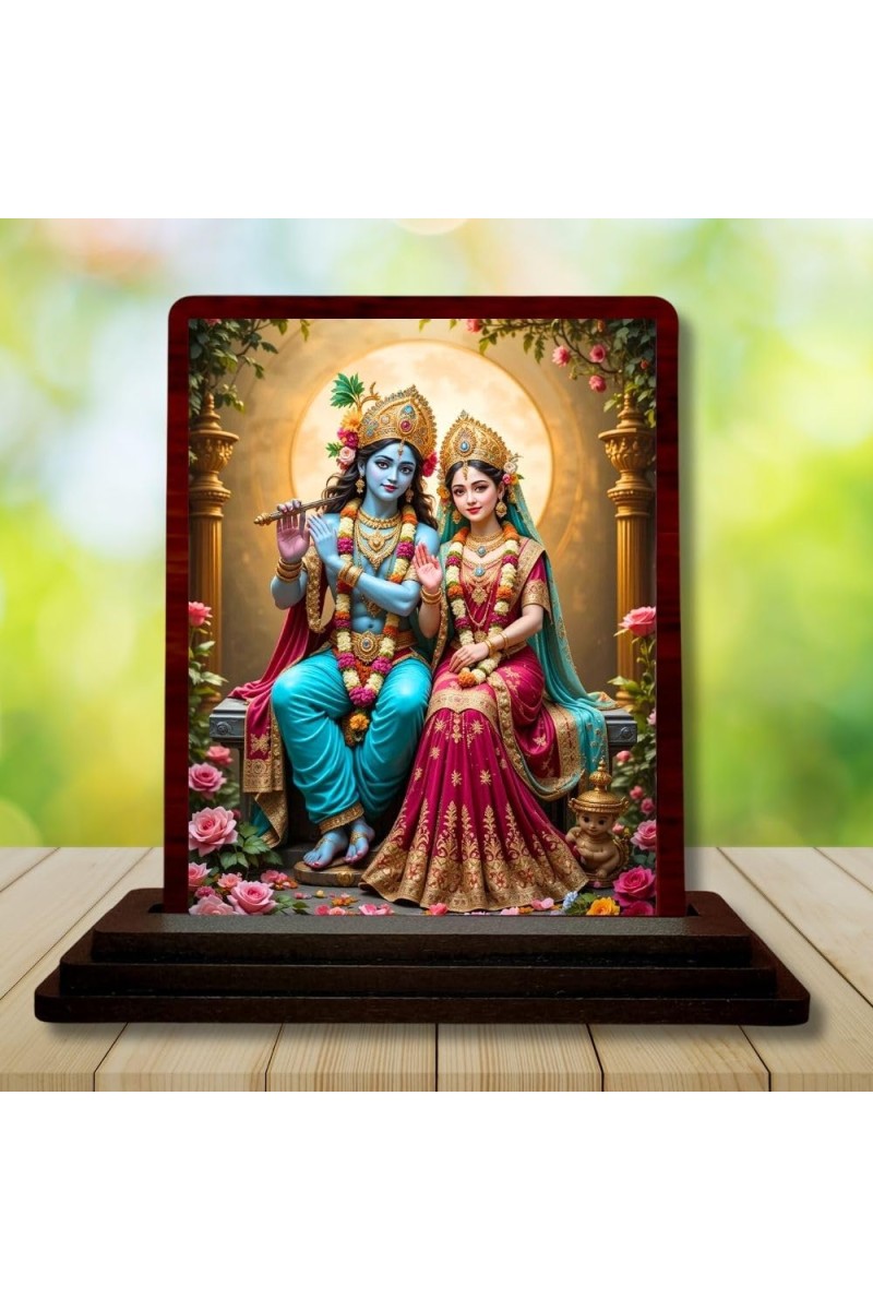 Car Desk/Table Top Radha Krishna Wooden Photo Stand 3x4 Inches, Compact & Stylish Spiritual Display For Car, Home & Office (Pack Of 1) (F14363)