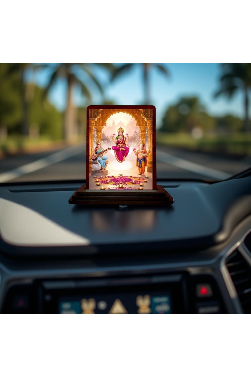 Car Desk/Table Top Lord Ganesha Lakshmi And Saraswathi Wooden Photo Stand 3x4 Inches, Compact & Stylish Spiritual Display For Car, Home & Office (Pack Of 1) (F14393)