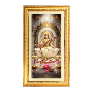Devi Saraswati Digital Golden Color Photo Frame | Hindu Religious Wall Decor | 8x15 Inches - Inspirational Wall Art For Office, Home Decor - Ideal Spiritual Gift (F10386)