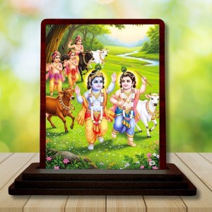 Car Desk/Table Top Lord Krishna Wooden Photo Stand 3x4 Inches, Compact & Stylish Spiritual Display For Car, Home & Office (Pack Of 1) (F14547)