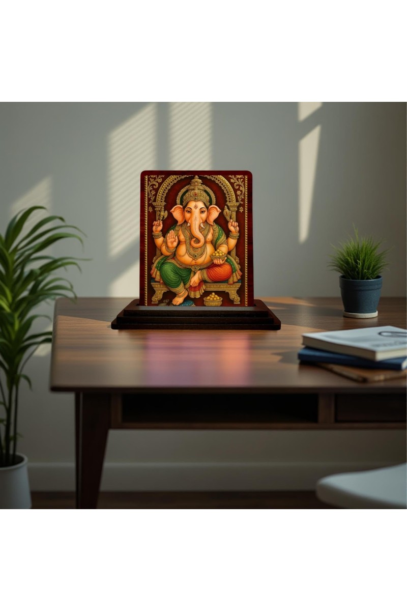 Car Desk/Table Top Lord Ganesha Wooden Photo Stand 3x4 Inches, Compact & Stylish Spiritual Display For Car, Home & Office (Pack Of 1) (F15139)