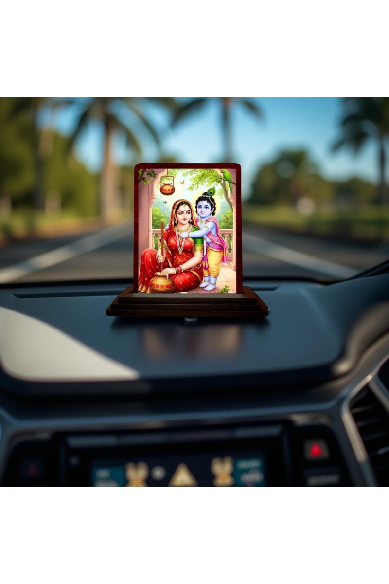 Car Desk/Table Top Yashodha Krishna Wooden Photo Stand 3x4 Inches, Compact & Stylish Spiritual Display For Car, Home & Office (Pack Of 1) (F14546)