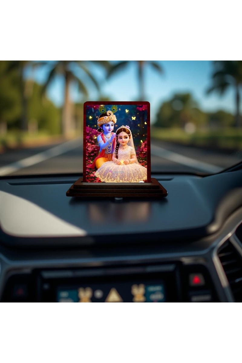 Car Desk/Table Top Radha Krishna Wooden Photo Stand 3x4 Inches, Compact & Stylish Spiritual Display For Car, Home & Office (Pack Of 1) (F14389)