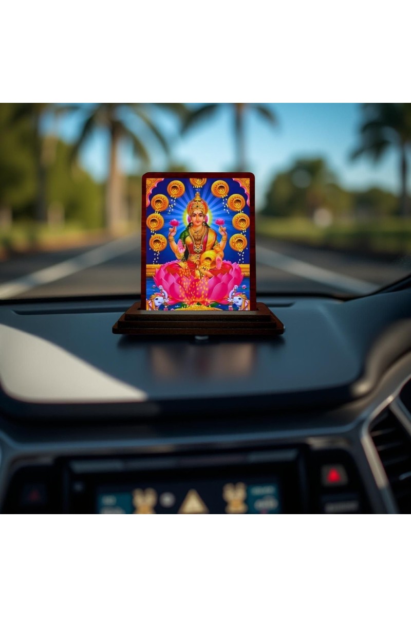 Car Desk/Table Top Goddess Lakshmi Wooden Photo Stand 3x4 Inches, Compact & Stylish Spiritual Display For Car, Home & Office (Pack Of 1) (F14189)