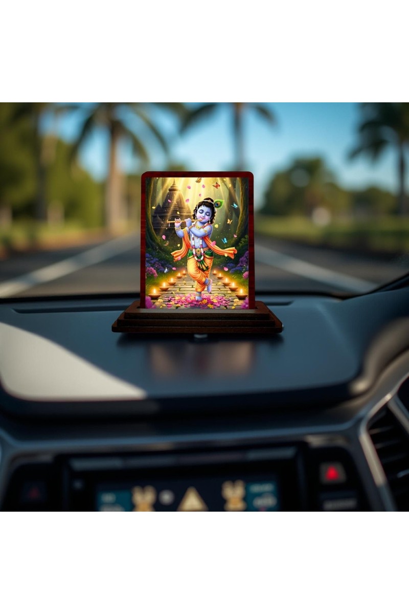 Car Desk/Table Top Lord Krishna Wooden Photo Stand 3x4 Inches, Compact & Stylish Spiritual Display For Car, Home & Office (Pack Of 1) (F14299)