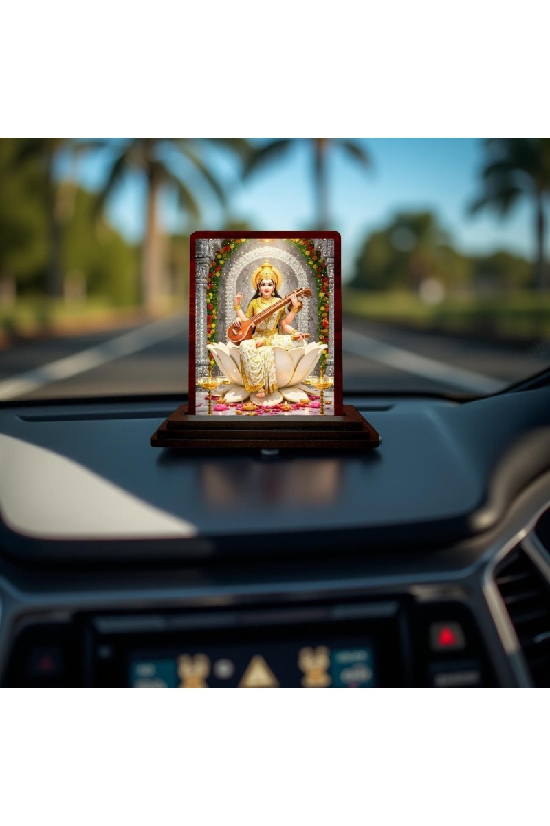 Car Desk/Table Top Lord Saraswathi Wooden Photo Stand 3x4 Inches, Compact & Stylish Spiritual Display For Car, Home & Office (Pack Of 1) (F14348)