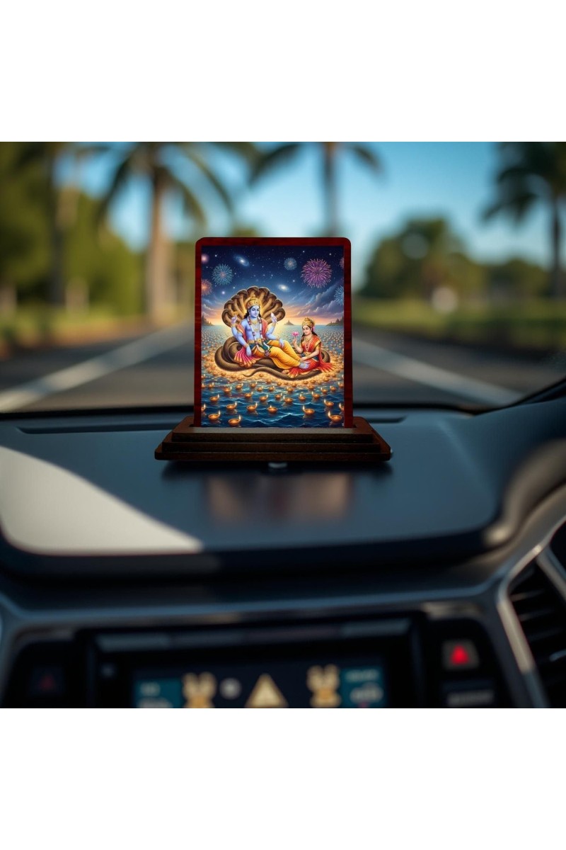 Car Desk/Table Top Lord Vishnu And Lakshmi Wooden Photo Stand 3x4 Inches, Compact & Stylish Spiritual Display For Car, Home & Office (Pack Of 1) (F14303)