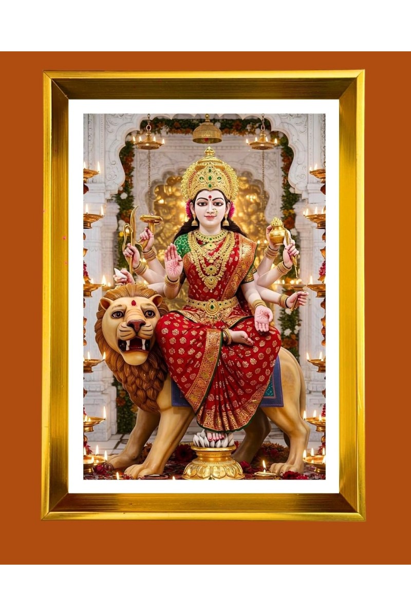 Durga Mata Ji Golden Photo Frame - 10x14 Inches | Elegant Wooden Frame For Home, Office & Temple Decoration | Spiritual Wall & Table Decor and Gift Item