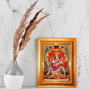Goddess Durga Golden Designer Photo Frame | 18x22 Inch Religious Wall Hanging Frame For Home & Office Decoration | Hindu Deity Spiritual Gift Item