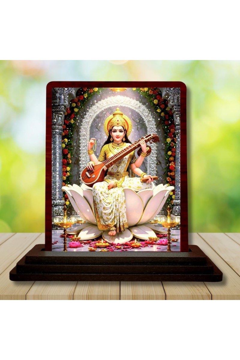 Car Desk/Table Top Maa Sarswati Wooden Photo Stand 3x4 Inches, Compact & Stylish Spiritual Display For Car, Home & Office (Pack Of 1) (F15069)