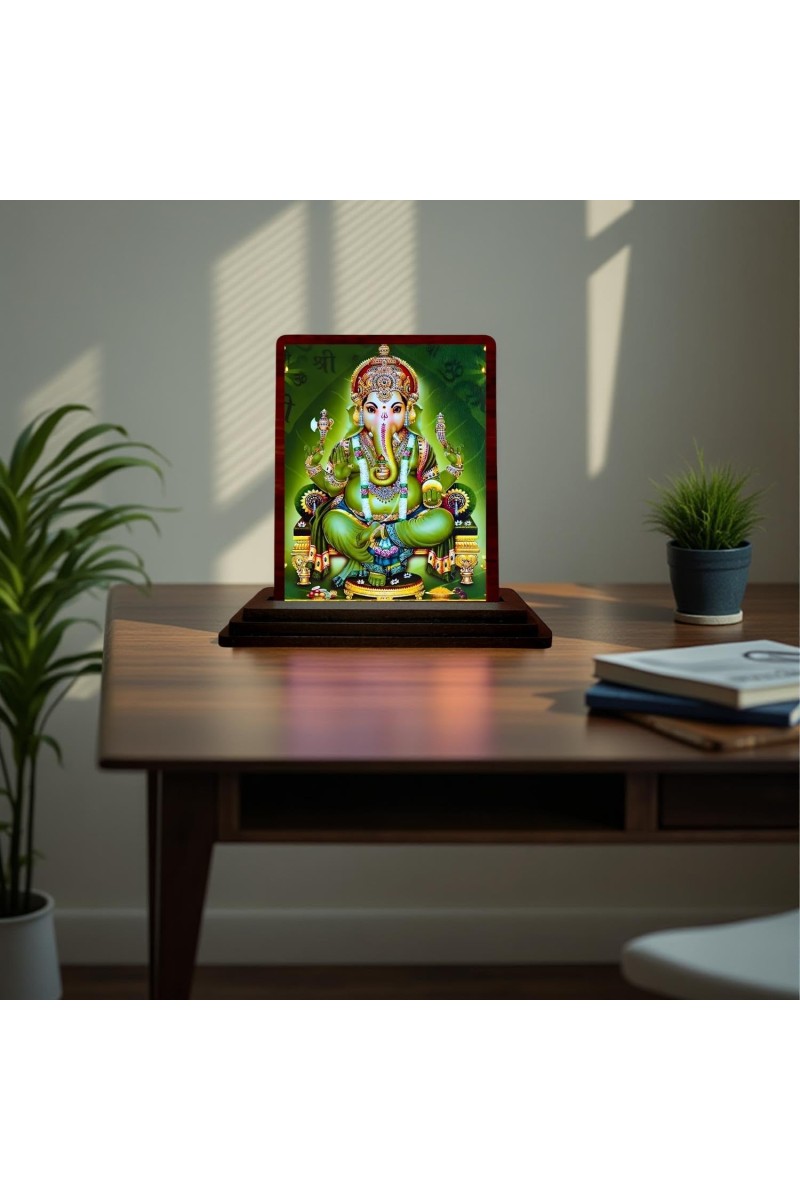 Car Desk/Table Top Lord Ganesha Wooden Photo Stand 3x4 Inches, Compact & Stylish Spiritual Display For Car, Home & Office (Pack Of 1) (F15077)
