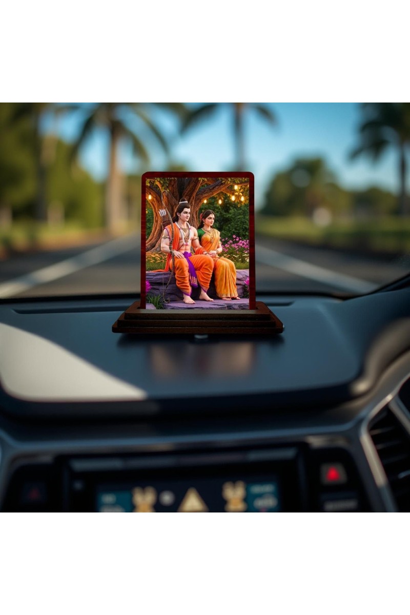 Car Desk/Table Top Lord Rama Sita Wooden Photo Stand 3x4 Inches, Compact & Stylish Spiritual Display For Car, Home & Office (Pack Of 1) (F14352)