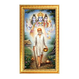 Shirdi Sai Baba Digital Golden Color Photo Frame | Hindu Religious Wall Decor | 8x15 Inches - Inspirational Wall Art For Office, Home Decor - Ideal Spiritual Gift (F10213)