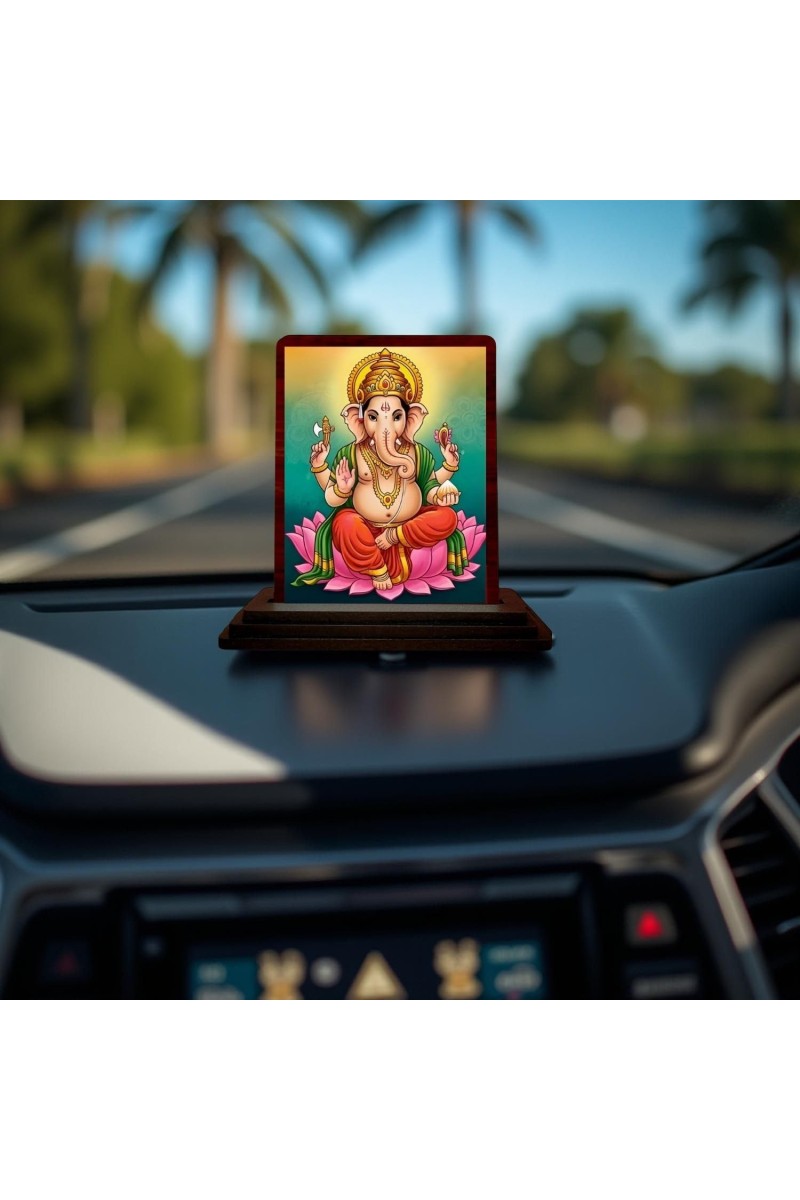 Car Desk/Table Top Lord Ganesha Wooden Photo Stand 3x4 Inches, Compact & Stylish Spiritual Display For Car, Home & Office (Pack Of 1) (F14265)