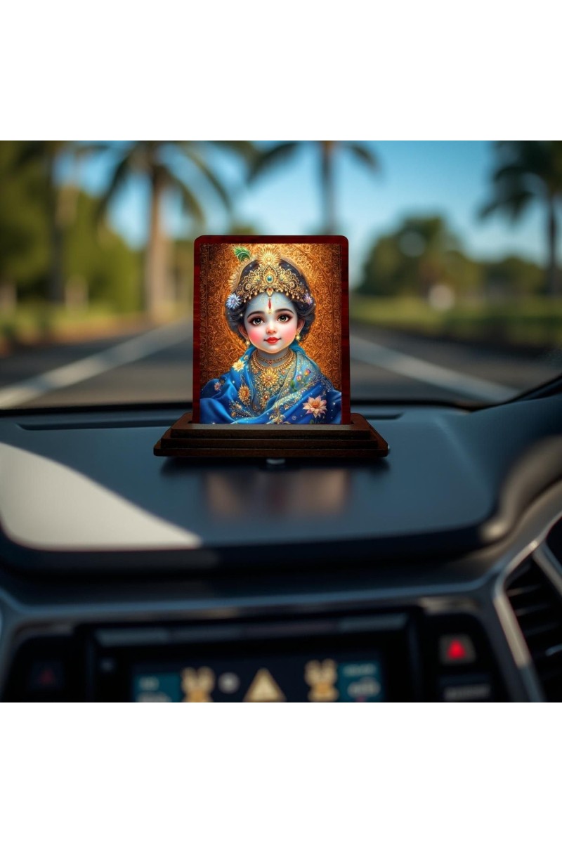 Car Desk/Table Top Lord Little Krishna Wooden Photo Stand 3x4 Inches, Compact & Stylish Spiritual Display For Car, Home & Office (Pack Of 1) (F14230)