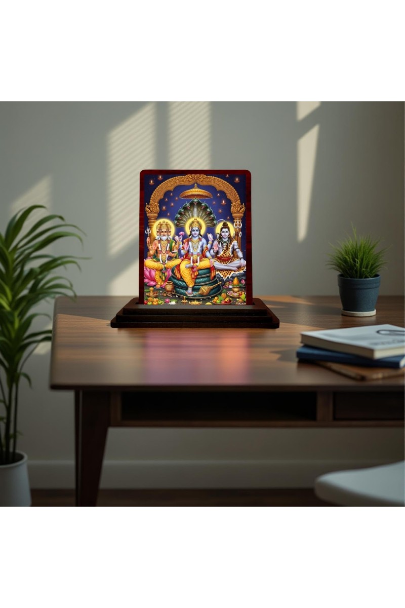 Car Desk/Table Top Lord Vishnu Shankar Bramha Wooden Photo Stand 3x4 Inches, Compact & Stylish Spiritual Display For Car, Home & Office (Pack Of 1) (F15146)