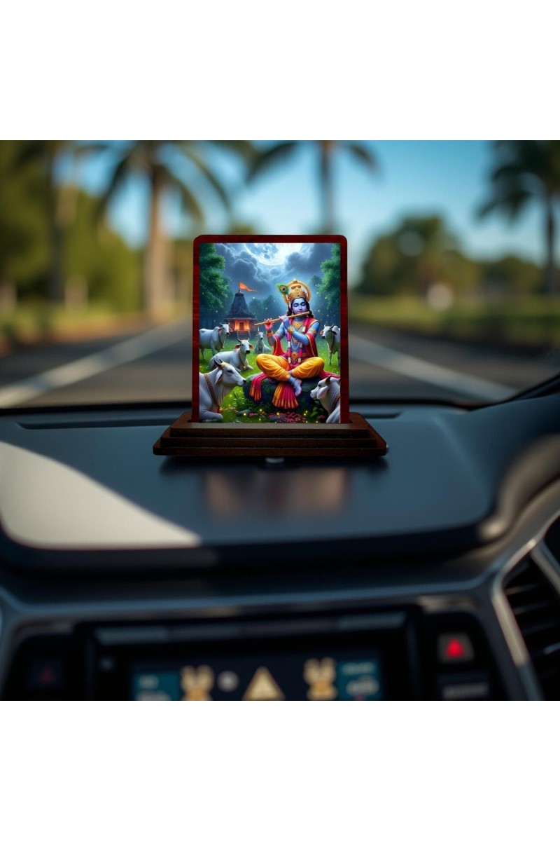 Car Desk/Table Top Lord Krishna Wooden Photo Stand 3x4 Inches, Compact & Stylish Spiritual Display For Car, Home & Office (Pack Of 1) (F14400)
