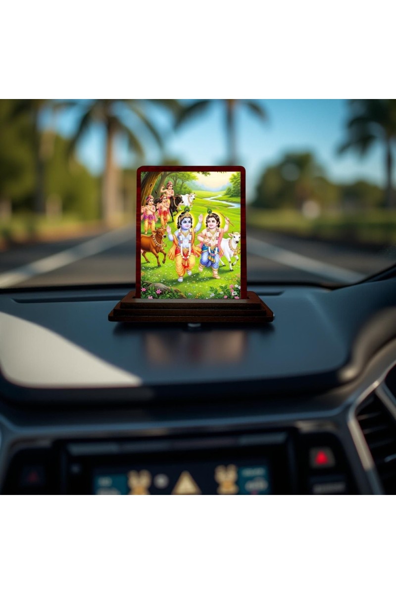 Car Desk/Table Top Lord Krishna Wooden Photo Stand 3x4 Inches, Compact & Stylish Spiritual Display For Car, Home & Office (Pack Of 1) (F14547)
