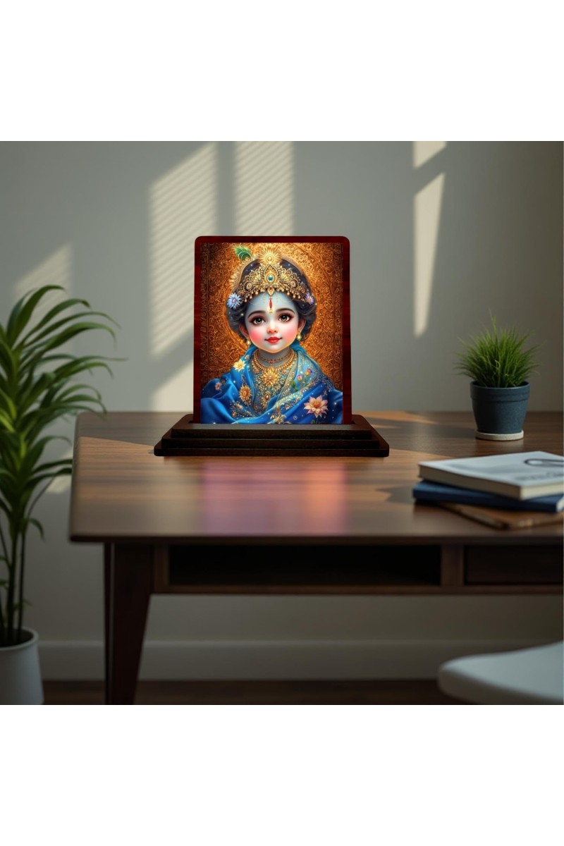 Car Desk/Table Top Lord Bal Krishna Wooden Photo Stand 3x4 Inches, Compact & Stylish Spiritual Display For Car, Home & Office (Pack Of 1) (F15128)