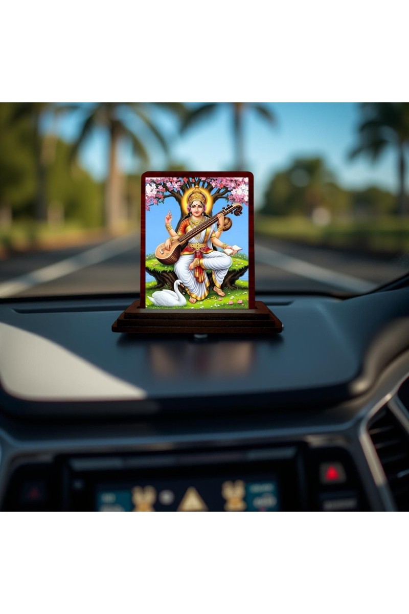 Car Desk/Table Top Goddess Saraswathi Wooden Photo Stand 3x4 Inches, Compact & Stylish Spiritual Display For Car, Home & Office (Pack Of 1) (F14424)
