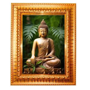 Lordb Buddha Golden Designer Photo Frame | 10x14 Inch Religious Wall Hanging Frame For Home & Office Decoration | Hindu Deity Lordb Buddha Spiritual Gift Item