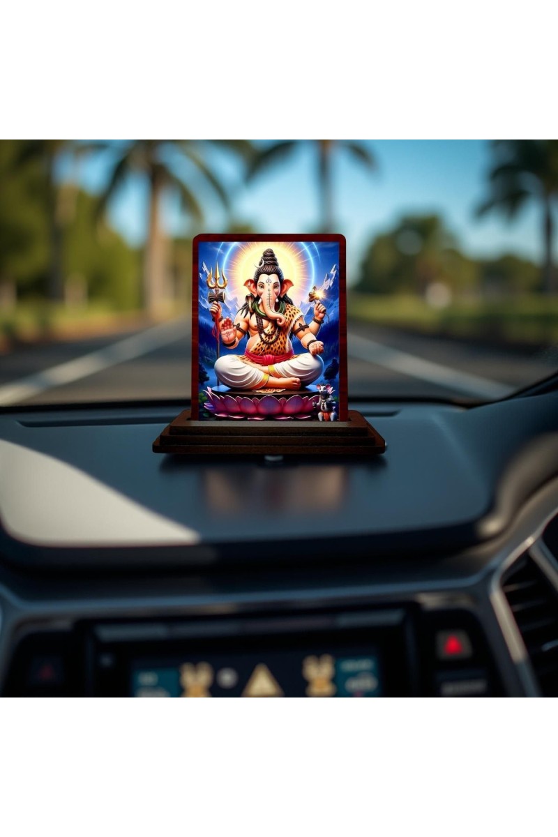 Car Desk/Table Top Lord Ganesha Wooden Photo Stand 3x4 Inches, Compact & Stylish Spiritual Display For Car, Home & Office (Pack Of 1) (F14616)