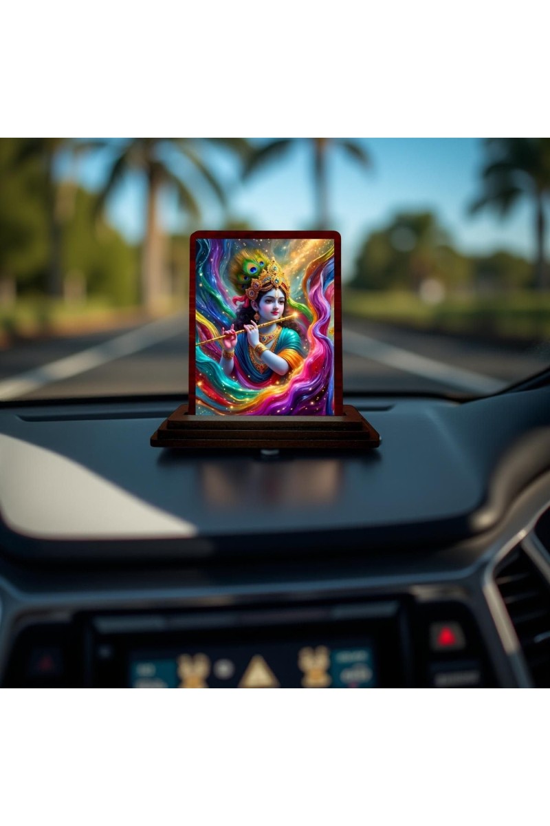 Car Desk/Table Top Lord Krishna Wooden Photo Stand 3x4 Inches, Compact & Stylish Spiritual Display For Car, Home & Office (Pack Of 1) (F14290)
