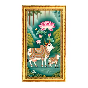Cows With Lotus Flower Digital Golden Color Photo Frame | Hindu Religious Wall Decor | 8x15 Inches - Inspirational Wall Art For Office, Home Decor - Ideal Spiritual Gift (F10194) Cows With Lotus Flower Digital Golden Color Photo Frame | Hindu Religious Wall Decor | 8x15 Inches - Inspirational Wall Art For Office, Home Decor - Ideal Spiritual Gift (F10194)