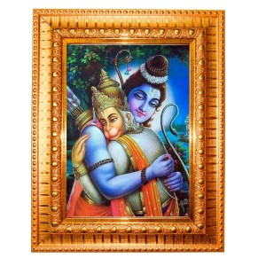 Lord Rama And Hanuman Golden Designer Photo Frame | 10x14 Inch Religious Wall Hanging Frame For Home & Office Decoration | Hindu Deity Lord Rama And Hanuman Spiritual Gift Item