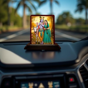 Car Desk/Table Top Lord Krishna And Radha Wooden Photo Stand 3x4 Inches, Compact & Stylish Spiritual Display For Car, Home & Office (Pack Of 1) (F14386)
