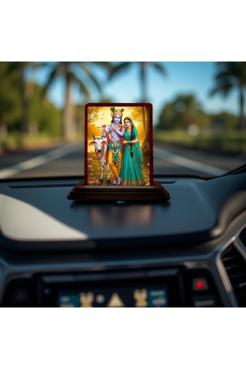 Car Desk/Table Top Lord Krishna And Radha Wooden Photo Stand 3x4 Inches, Compact & Stylish Spiritual Display For Car, Home & Office (Pack Of 1) (F14386)