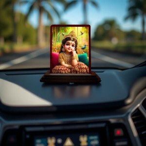 Car Desk/Table Top Cute Radha Wooden Photo Stand 3x4 Inches, Compact & Stylish Spiritual Display For Car, Home & Office (Pack Of 1) (F14461)